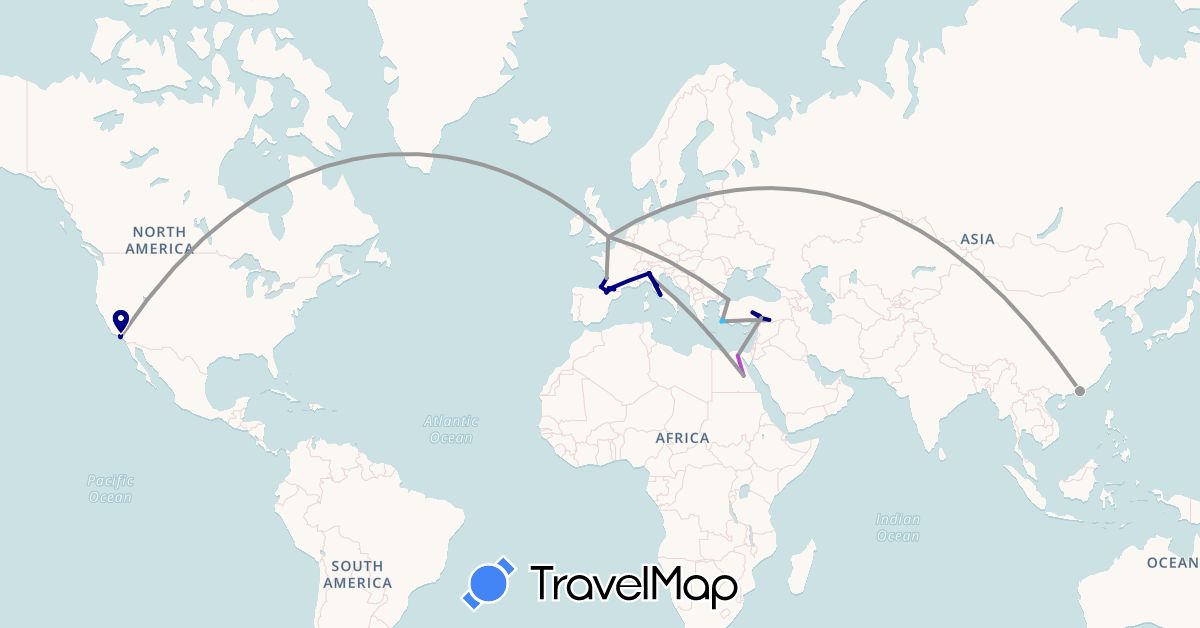 TravelMap itinerary: driving, plane, train, boat in China, Egypt, Spain, France, United Kingdom, Greece, Italy, Turkey, United States (Africa, Asia, Europe, North America)